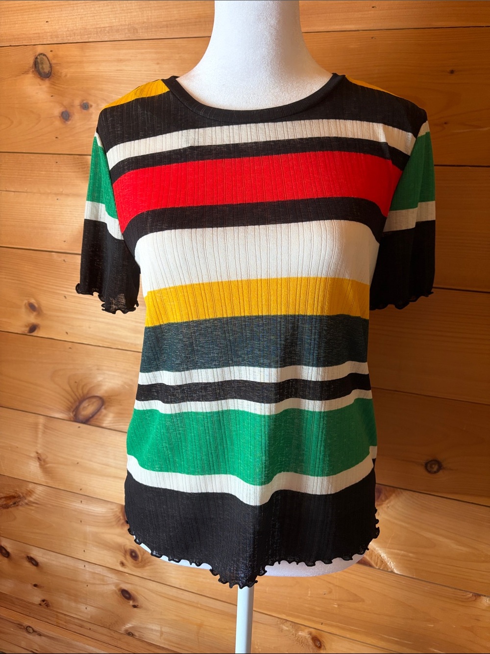 Nine West Short Sleeve Ribbed Stripe Top in Black, Red, Green, Yellow, White